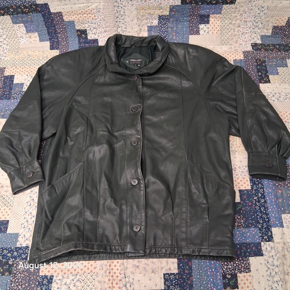 Vintage 80s Pelle New York Milano Womens Large Dark Green Leather Jacket Coat